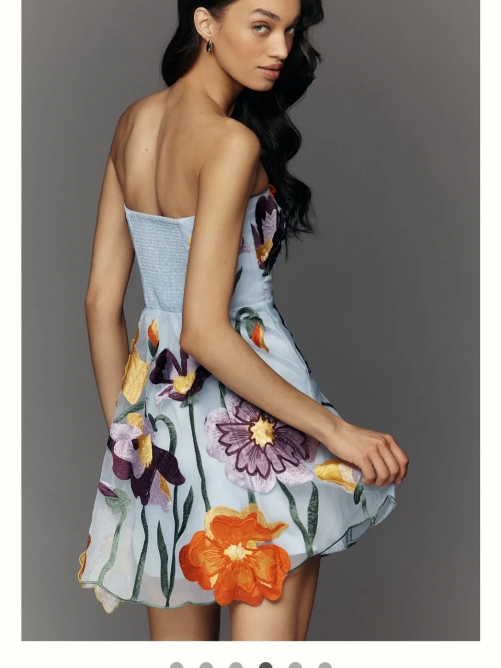 Maeve Strapless Light Blue Mini Dress with Orange & Purple Floral Appliqués - Picture 2 of 5